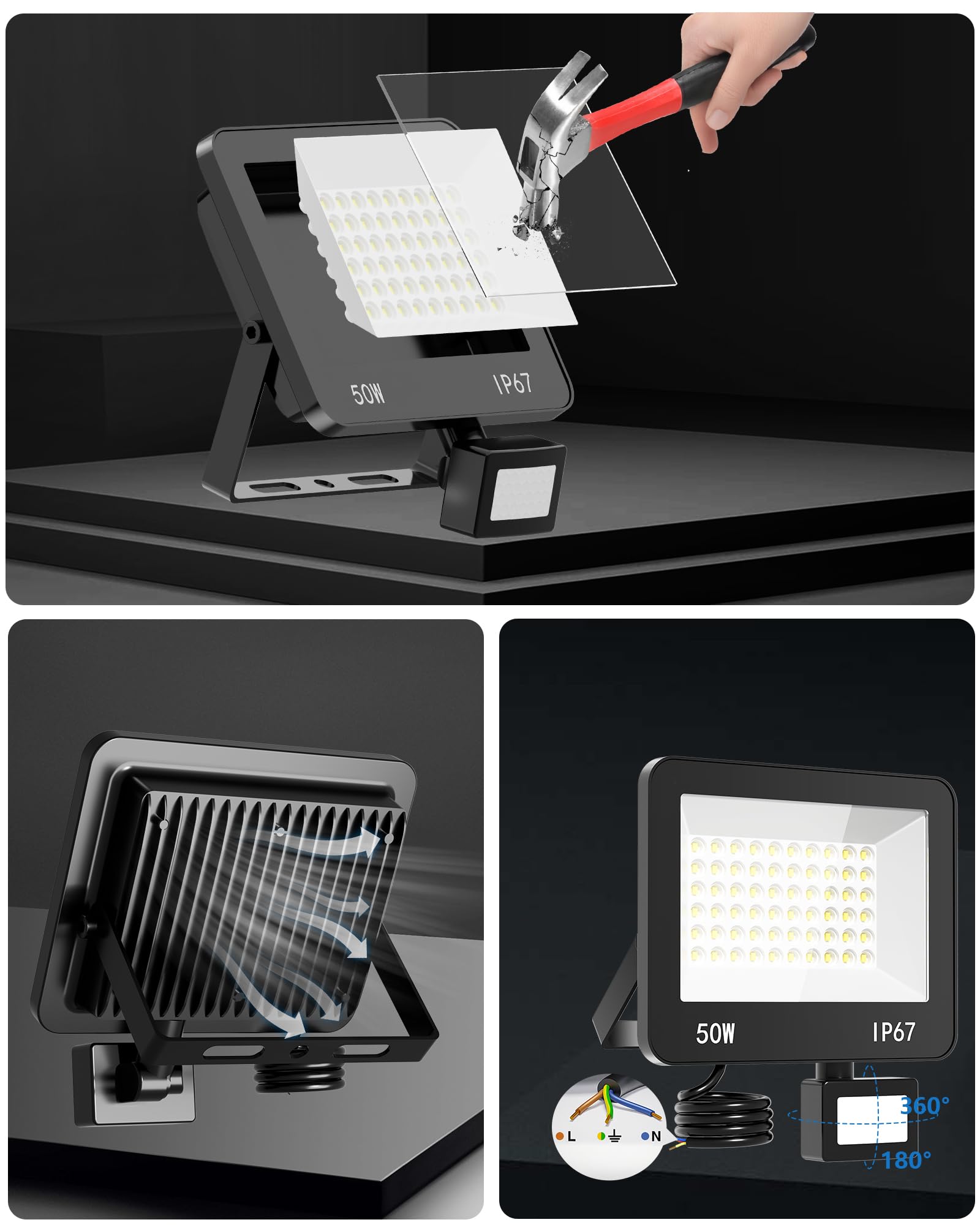 LED Strahler Mit Bewegungsmelder Außen 2 Stücke, 100W 10000LM LED Scheinwerfer 220-240V, 6500K Kaltweiß Aussenstrahler Fluter, IP67 Wasserdicht Außenlampe für Garage Einfahrt Garten Hof