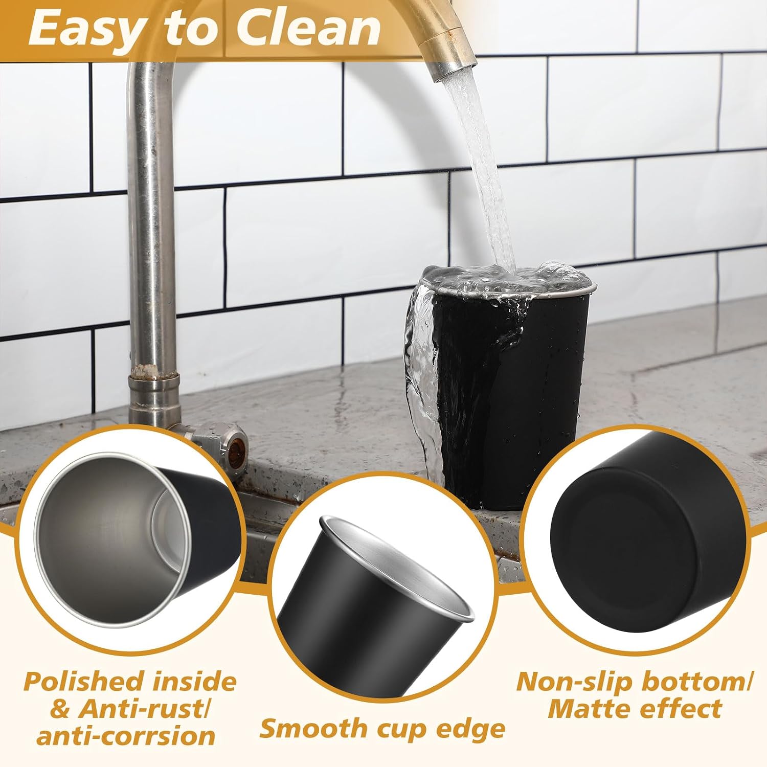 Condition photo showing New/Like New for mimorou 20 pack stainless steel pint cups metal cups unbreakable drinking water tumblers stackable tumbler for adults bar home restaurant travel picnic camping outdoor (black,12 oz) 20 black 12 oz