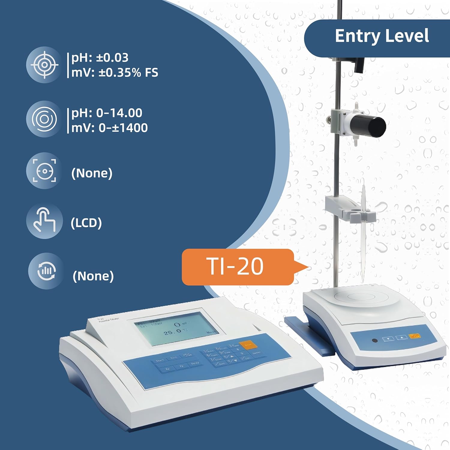 Ti-20 Automatic Titrator 0~±1400 mV / 0~14.00 pH ±0.03 pH Accuracy Set/MAT Modes Glass Burette Basic Lab Water & Chemical Analysis