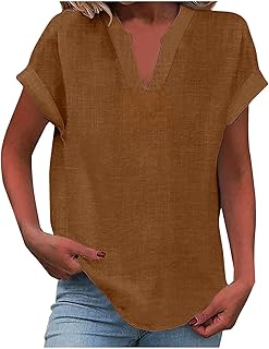 Camisa Mujer Lino Algodón Manga Corta Camiseta Blusa Polo Ligero Verano Moda Casual Color Sólido Cómodo Suelto Cuello en V Botones Tops Elegante Basic tee Talla Grande Transpirable 2025