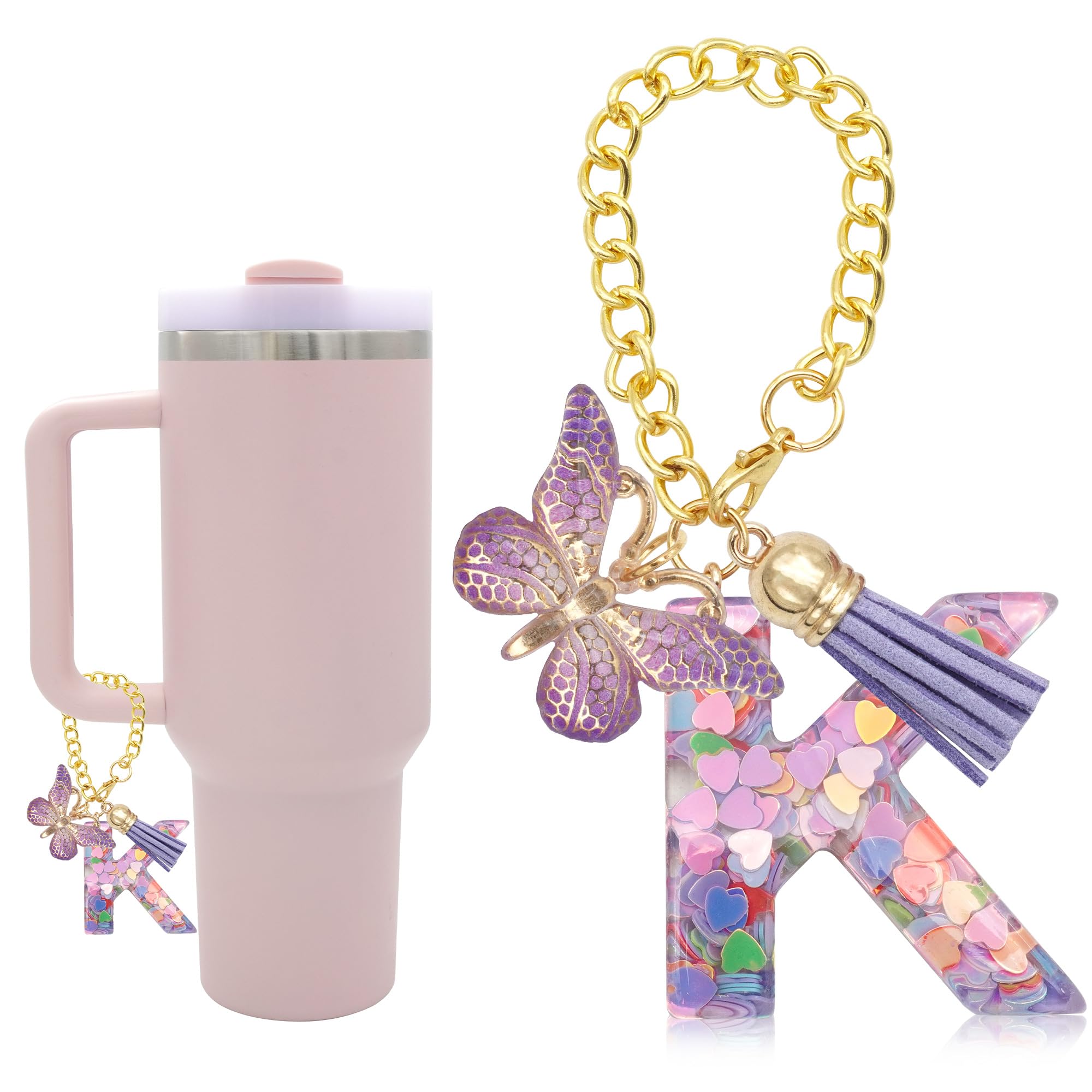 Starrytools Letter Charm Accessories for Stanley Cup with Handle, Cute Initial Letter Charms with Butterfly Tassel (K-Purple)