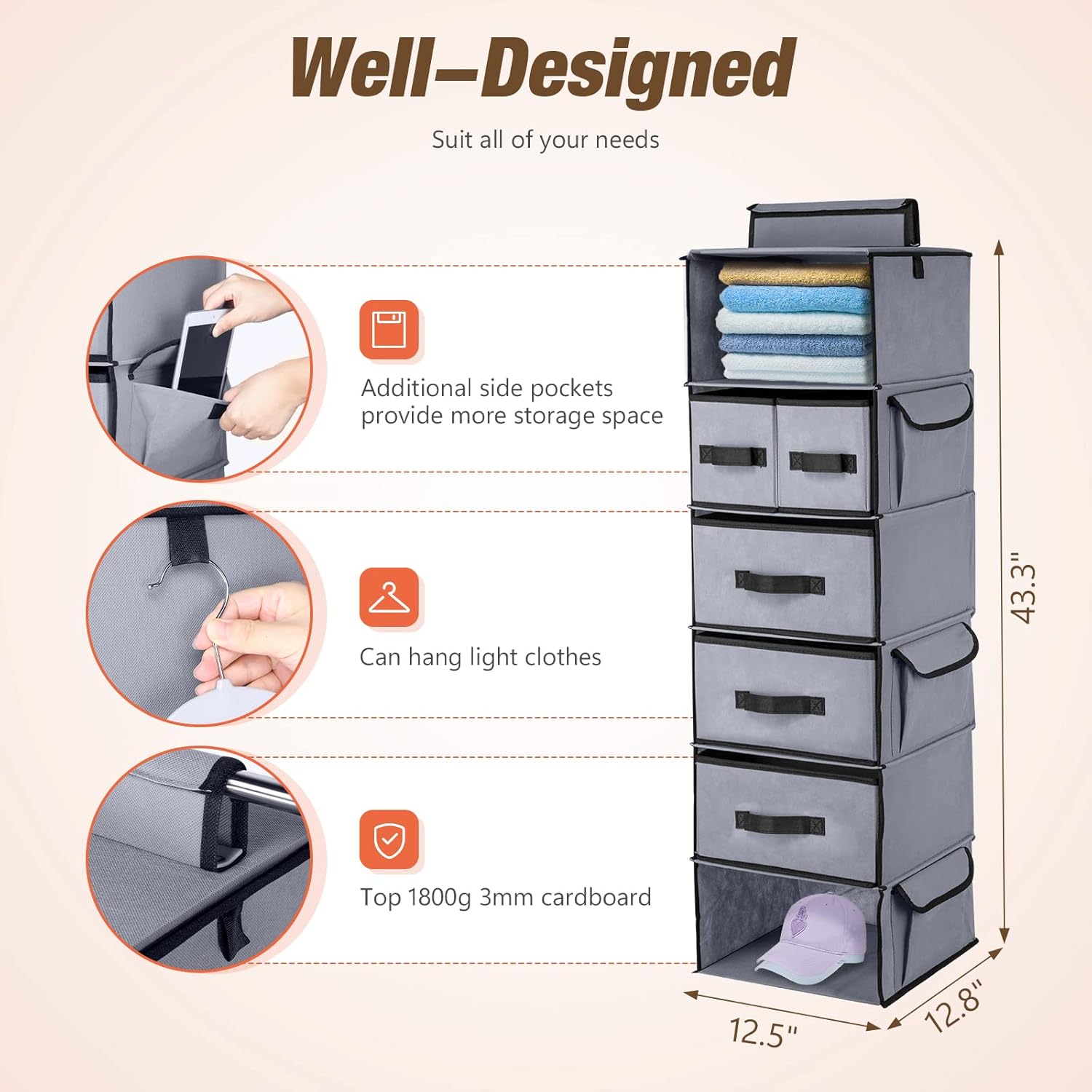 6-Shelves Hanging Closet Organizer with 5 Different Drawers, Foldable Closet Organizers and Storage for Wardrobe, Closet& RV, Baby Clothes Clothes and Accessories Storage Organization,Grey