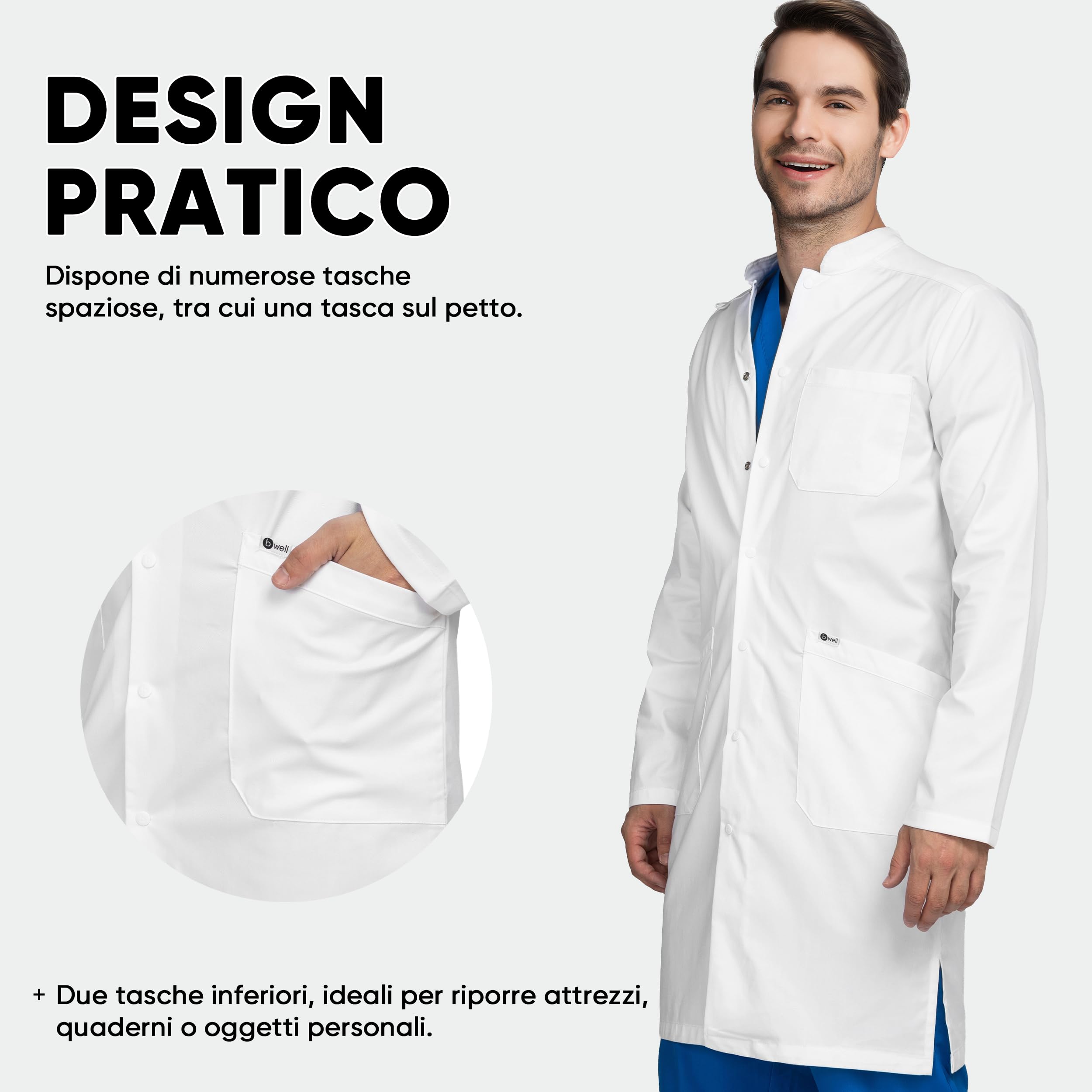 B-well Antonio Camice Laboratorio Uomo Cotone e Polyester Camice Medico Uomo con Maniche Lunghe, 3 Tasche e Fissaggio con Bottoni Automatici