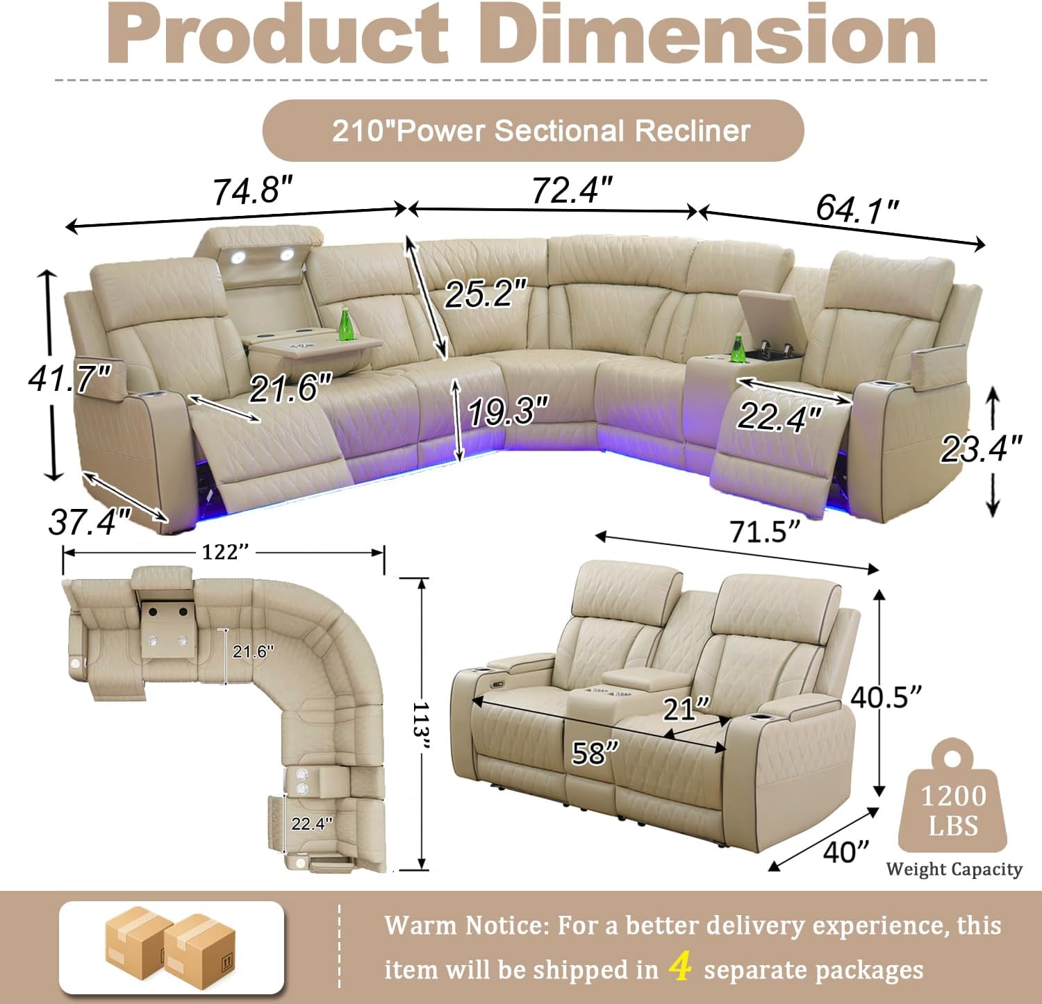 Beige Leather Power Recliner Sectional Sofa Set with LED Light,L-Shaped Reclining Couch with USB Port,Leather Sofa with Cup Holder/Storage for Living Room/Home Theater(Sectional+Loveseat)