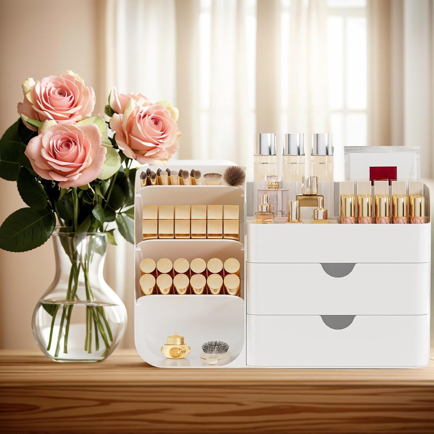Makeup Organizer with 2 M Drawers & Brush Holders - Cosmetic Storage Case for Vanity, Bathroom Countertop & Desk - Skincare & Office Supplies Organizer (All White, M)