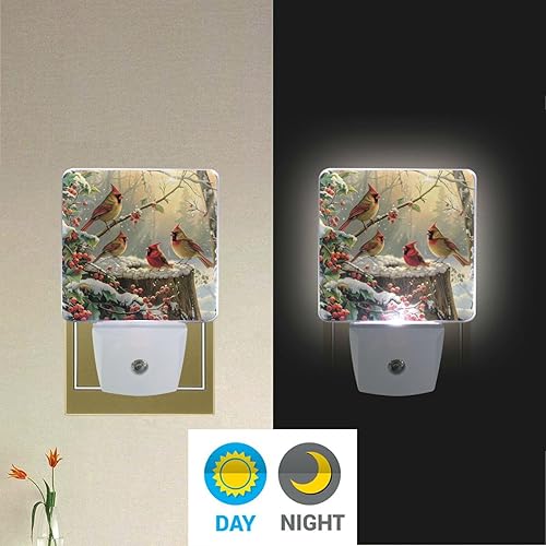 Miniatura 2 de Vdsrup Juego de 2 luces nocturnas de pájaros cardenales de invierno, ramas de bayas de acebo, luces nocturnas LED enchufables, decoraciones de