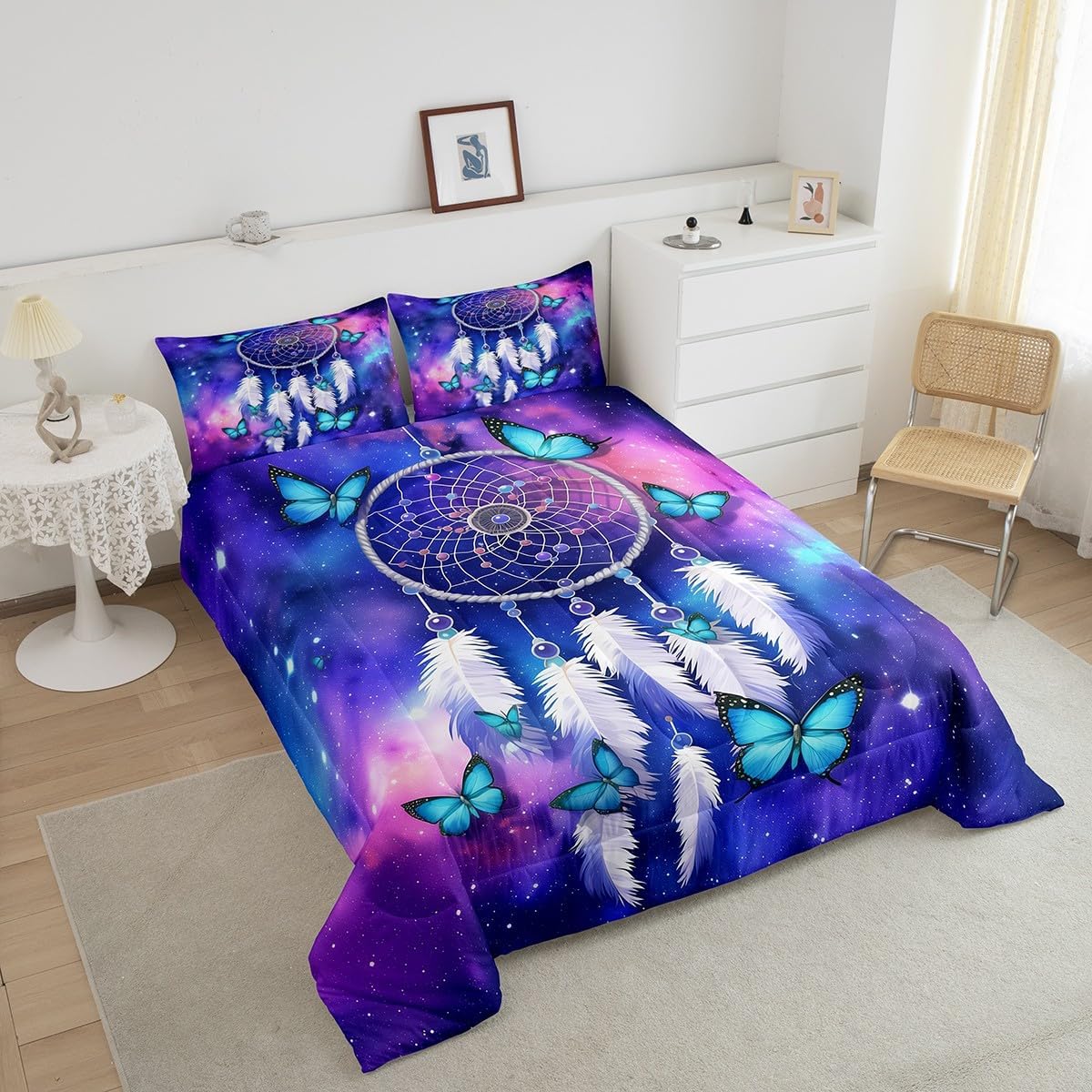 Erosebridal Dream Catcher Comforter Set Queen,Feather Mandala Butterfly Bedding Set for Girls Women Kids,Teal Purple Tie Dye Galaxy Comforter Set,Hippie Boho Dreamcatcher Quilt Duvet Set 3Pcs