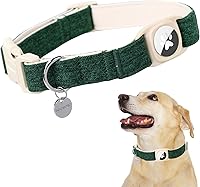 Vista 180 de DOGWONG Collar de perro Airtag de algodón y cáñamo, collar resistente para perros con soporte para Airtag, collares verdes para perros pequeños