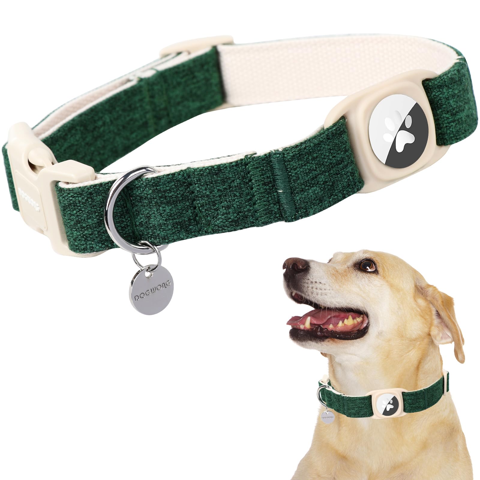 DOGWONG Airtag Cotton Hemp Dog Collar, Heavy-Duty Dog Collar with Airtag Holder Christmas Deep Green Natural Fabric Cute Puppy Necklace for Small