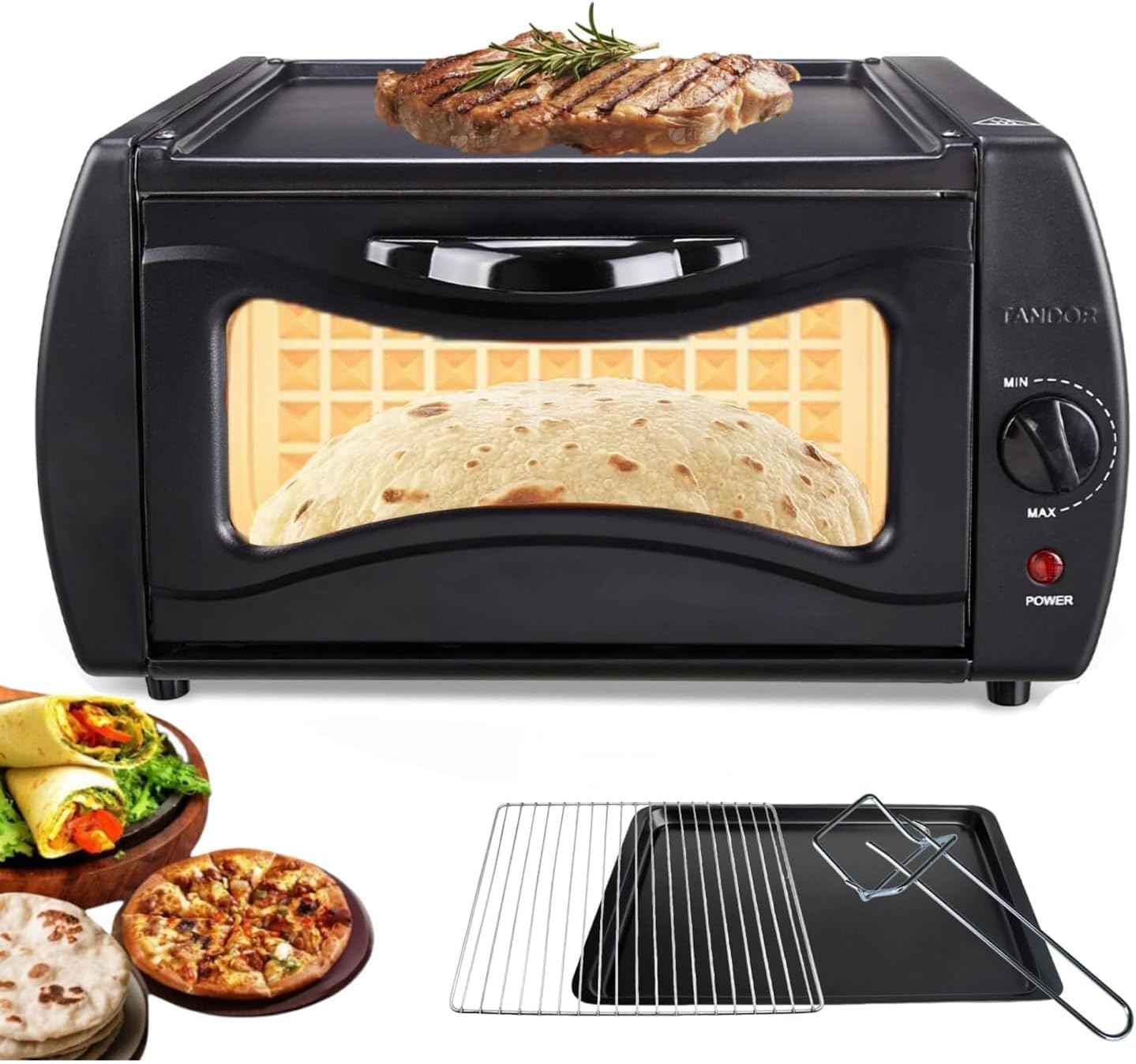 Electric Tandoor Oven Indoor Mini Pizza Oven Temperature Control, 2-in-1 Countertop Pizza & Tandoor Maker with Glass Door, Disk & Clamp for Chapati Roti Naan Lahmacun Manakish, Home & Takeaway Kitchen-picture-15