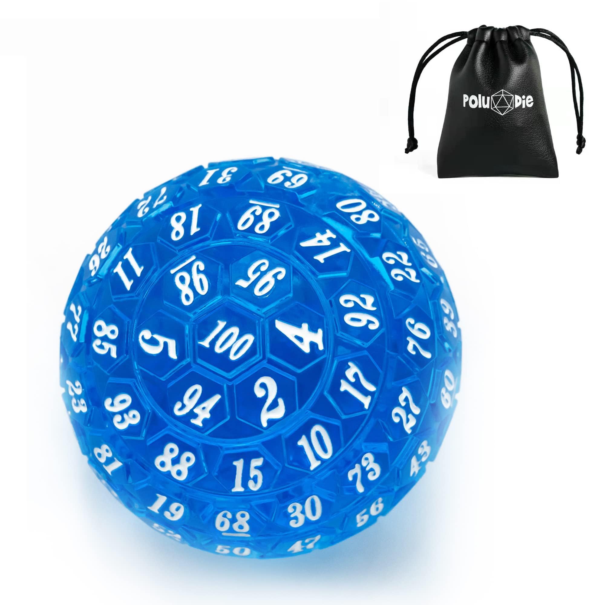 Poludie 100 Sided Polyhedral Dice, Single D100 Game Dice, 100 Sided Cube with Black Pouch, D100 die 48 mm (Blue with White Number) — image 1