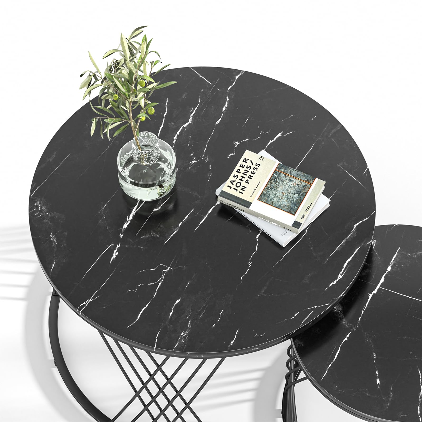 Juego de 2 mesas de Centro Redondas Nido 70/40 cm - Negro con Estructura de Metal Dorado, multifuncionales para salón, Dormitorio, Oficina o apartamento