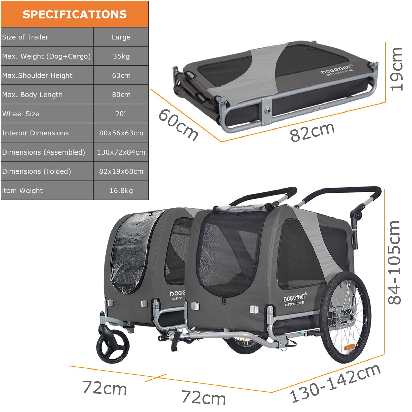 Doggyhut Premium L Remorque de Velo 2 en 1 Grande Poussette remorque Velo pour Chien de Taille Moyenne et Grande Chiens Maximum 35 kg