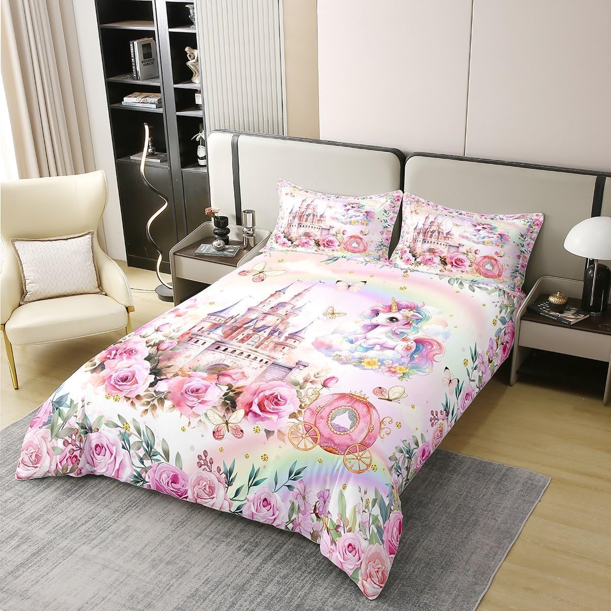 Manfei Kids Unicorn Bedding Sets for Girls,Cute Pink Blanket Duvet Cover,Girls Bedroom Decor,Kawaii Caslte 100% Cotton Comforter Cover,Rainbow Flowers Duvet Cover,Gifts for Girl,Queen,No Comforter