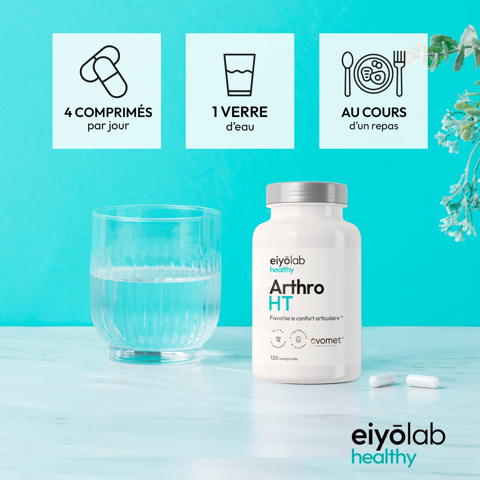 ARTHRO HT | Articulations Douloureuses - Soulagement Rapide et Durable | 3 Actifs Brevetés | Collagène Ovomet + Glucosamine + Chondroïtine + MSM + Boswellia | 120 Comprimés | Made in France | Eiyolab