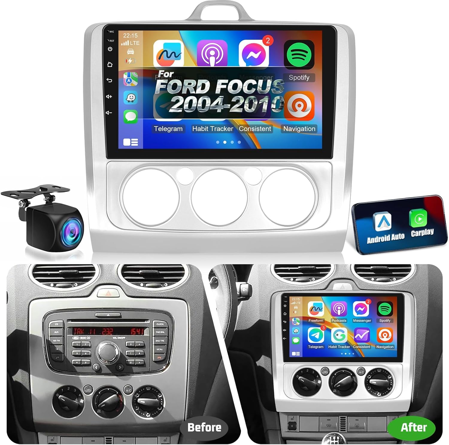 NHOPEEW 4+64G Radio de Coche para Ford Focus 2004-2010 - Radio Android de 9 Pulgadas con Inalámbrico Carplay y Android Auto - Mirror Link 32EQ DSP Pantalla Dividida + Cámara de Reversa & Micrófono