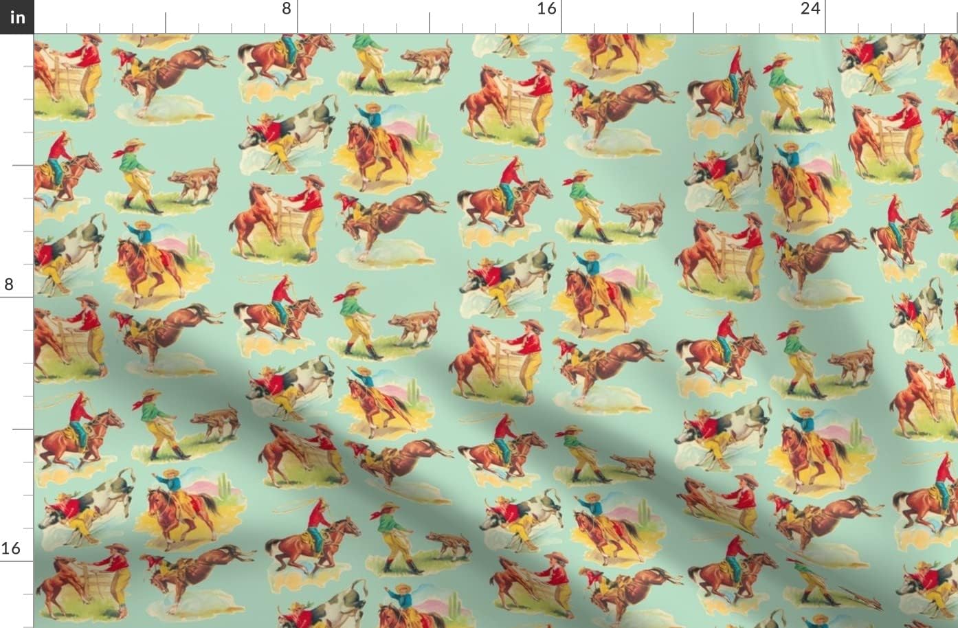 Spoonflower Fabric - Cowgirl Cowboy Western Rodeo Horses Vintage Kitsch Classic Wild West Printed on Organic Cotton Sateen Fabric by The Yard - Sewing Quilting Apparel Home Decor