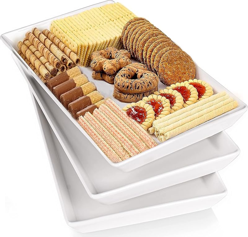 16 Inch Large Serving Platters Set of 3 (All Same Size), White Porcelain Serving Trays - Microwave & Oven Safe - Rectangular Platters for Party, Holiday, Thanksgiving, Entertaining