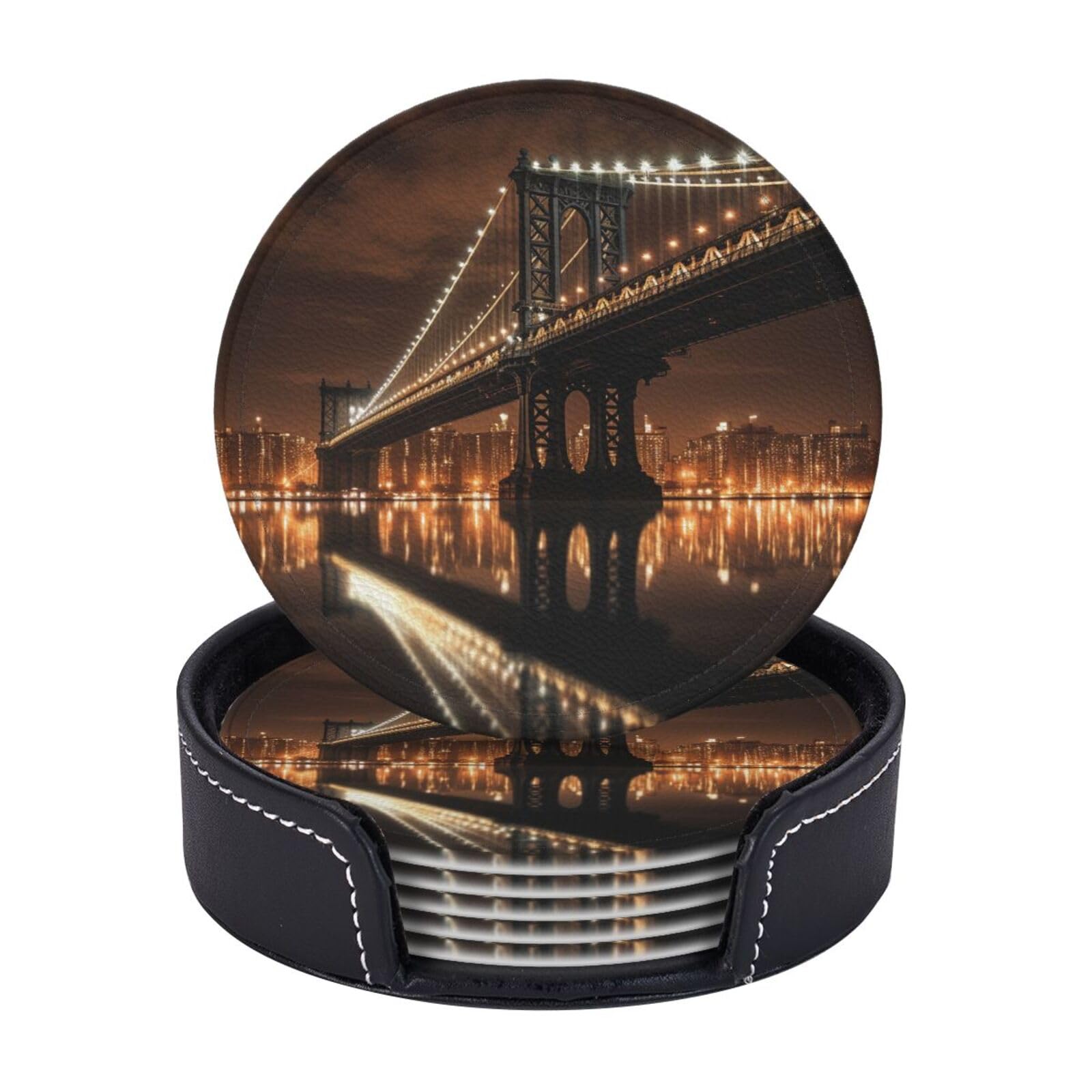 6PCS Drink Coasters with Holder, 4" Leather Coasters for Drinks, New York Manhattan Bridge Night Cup Coasters for Coffee Table Decor, Non-Slip Drinking Cup Mat for Hot or Cold Drink