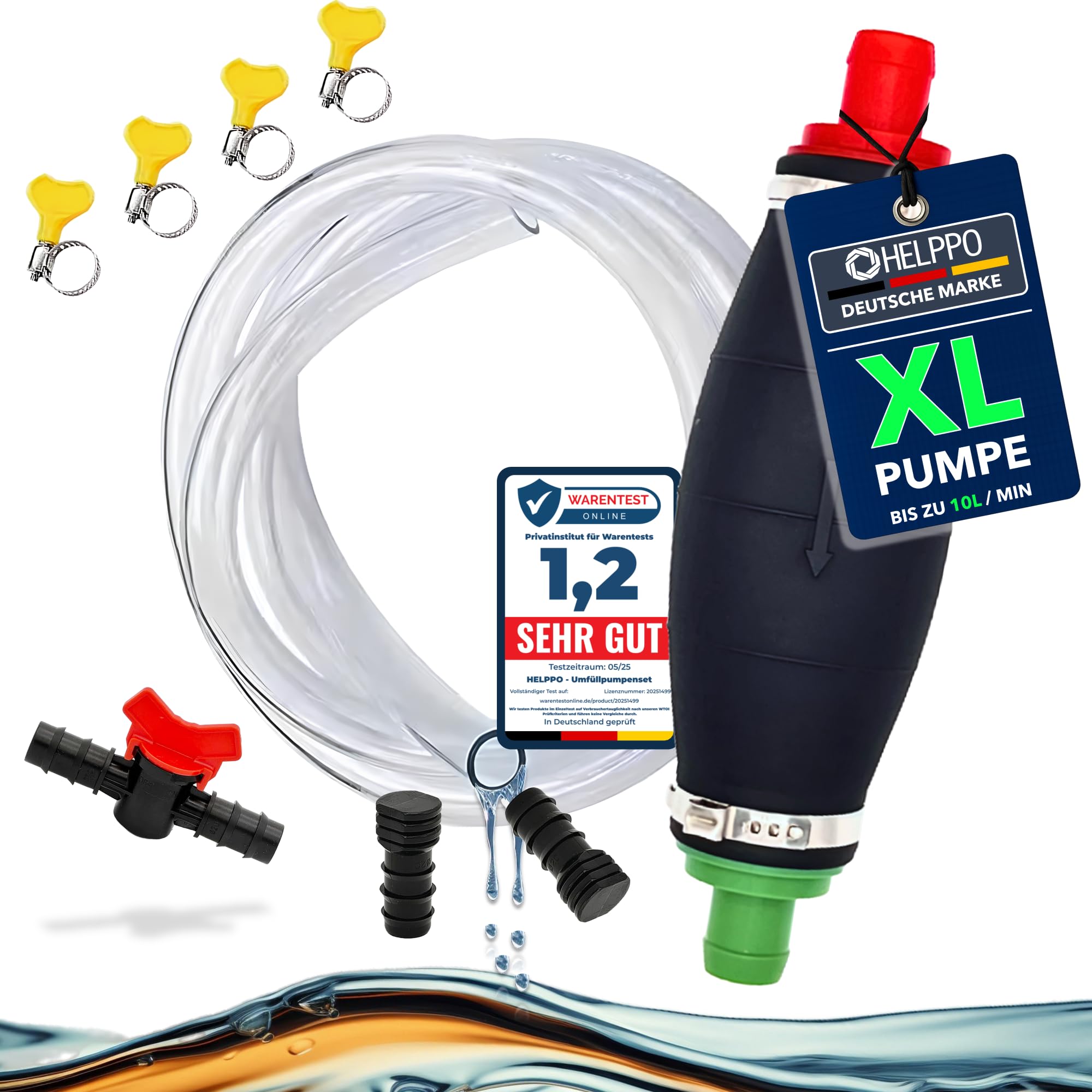 HELPPO Handpumpe zum Umfüllen von Flüssigkeiten wie Benzin, Diesel, Öl, Wasser - XL Umfüllpumpe mit Vakuumfunktion, 2m kraftstoffresistenten PVC-Schlauch inkl. Stöpsel und Flüssigkeitsregler
