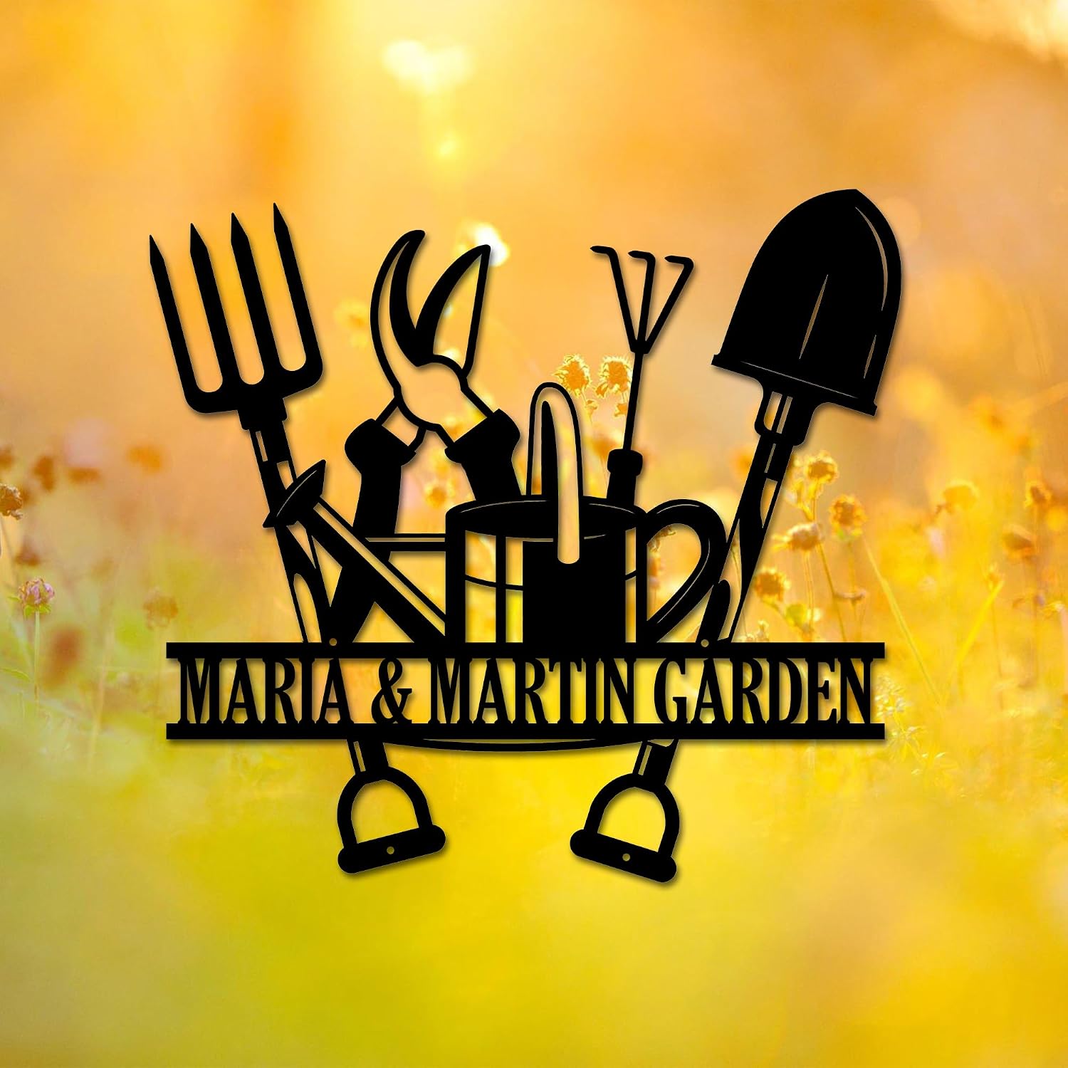 Personalized Garden Metal Sign with Names, Custom Gardening Tools Yard Decor, Outdoor Metal Gardening Sign