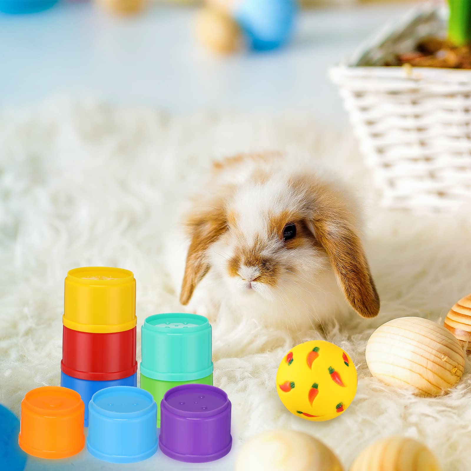 LEIFIDE Paquete de 9 vasos apilables de conejo y bola de golosinas para juguetes de conejo, dispensador de alimentos para conejos, tazas apilables para conejos, bolas de aperitivos, juguetes de