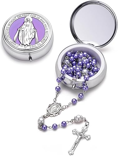 Miniatura 10 de Rosario de perlas de vidrio católico para mujeres, medalla de la Virgen María, rosario de primera comunión para niñas con caja de regalo milagrosa