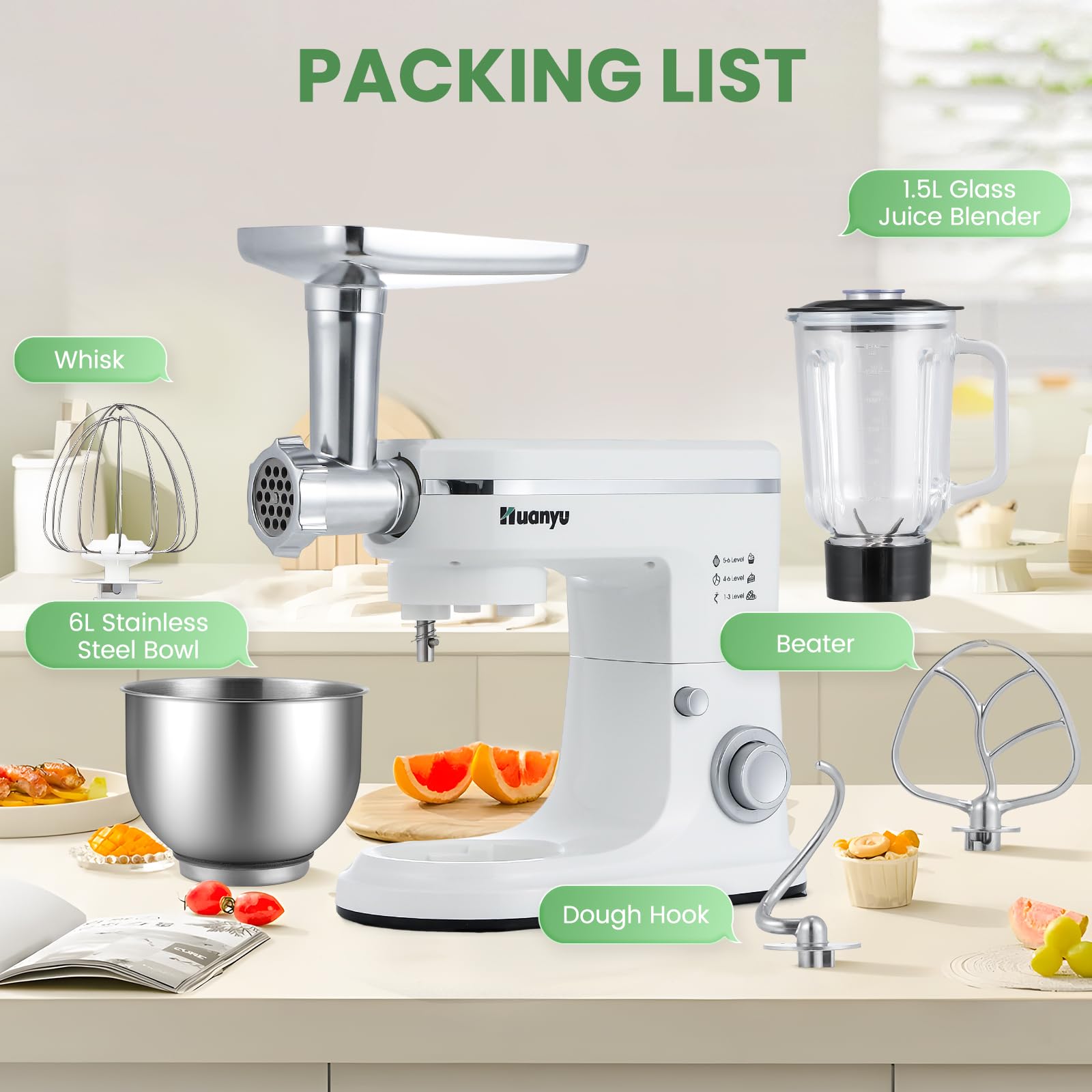 Huanyu 3-in-1 Robot da Cucina Multifunzione 6L Impastatrice Planetaria con Frullatore da 1,5 l e Tritacarne Planetaria Professionale per la Maggior Parte della Cucina Casalinga
