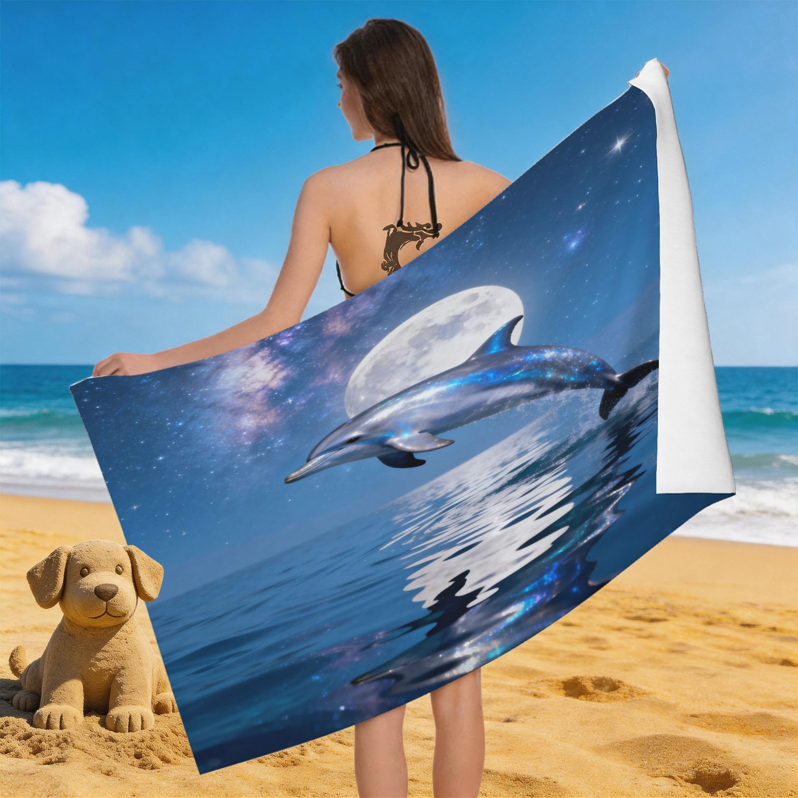Leichong Men's Blue 3D Starry Sky Dolphin Beach Towel Large Microfiber Soft Quick Dry For Adults, Moon Sky Bath Towel Lightweight Soft Absorbent For Travel Swimming Pool Sports, 180 X 90 Cm