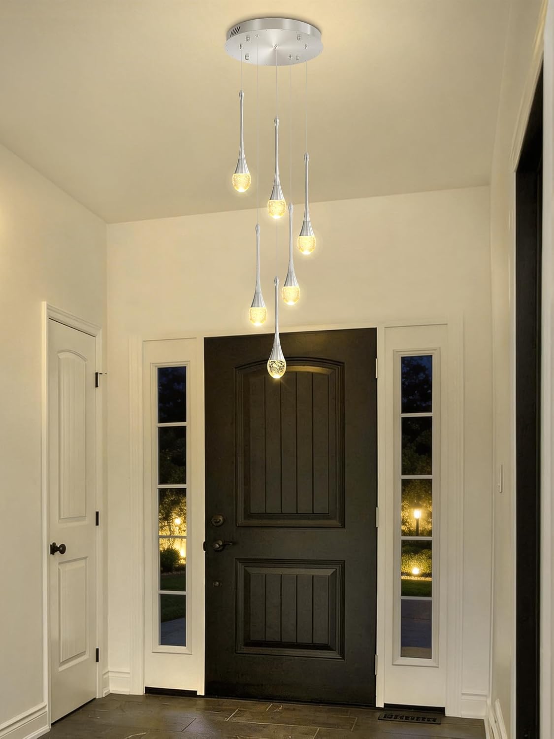 ykolupty H86 Pendant Lights Kitchen Island 6-Lights Pendant Chandelier for Dining Room Hallway Stairwell,Silver Chandelier Suit for Sloping Ceiling LED Dimmable 2700K-6000K