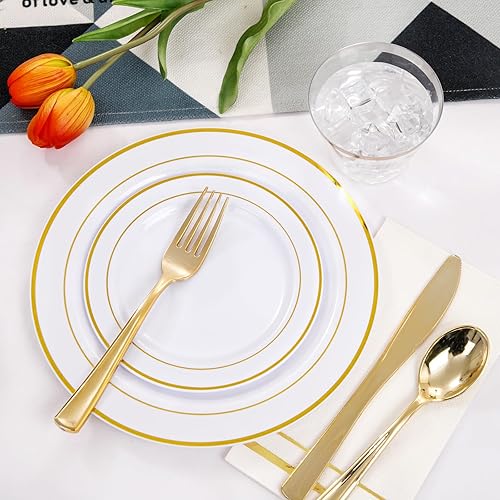 Miniatura 6 de NOCCUR 700 platos de plástico dorados, platos dorados para 100 invitados, platos de plástico blanco con borde dorado, incluyen 100 platos llanos,