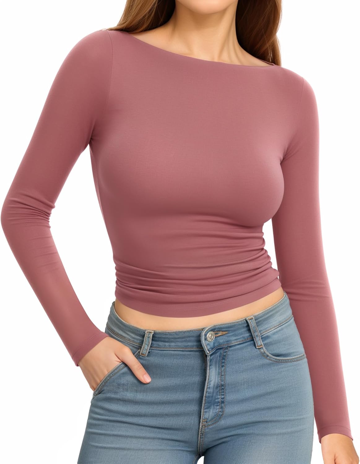 MANGOPOP Long Sleeve Shirts for Women Boat Neck Top Slim Fit T Shirt Tight Tops Tee