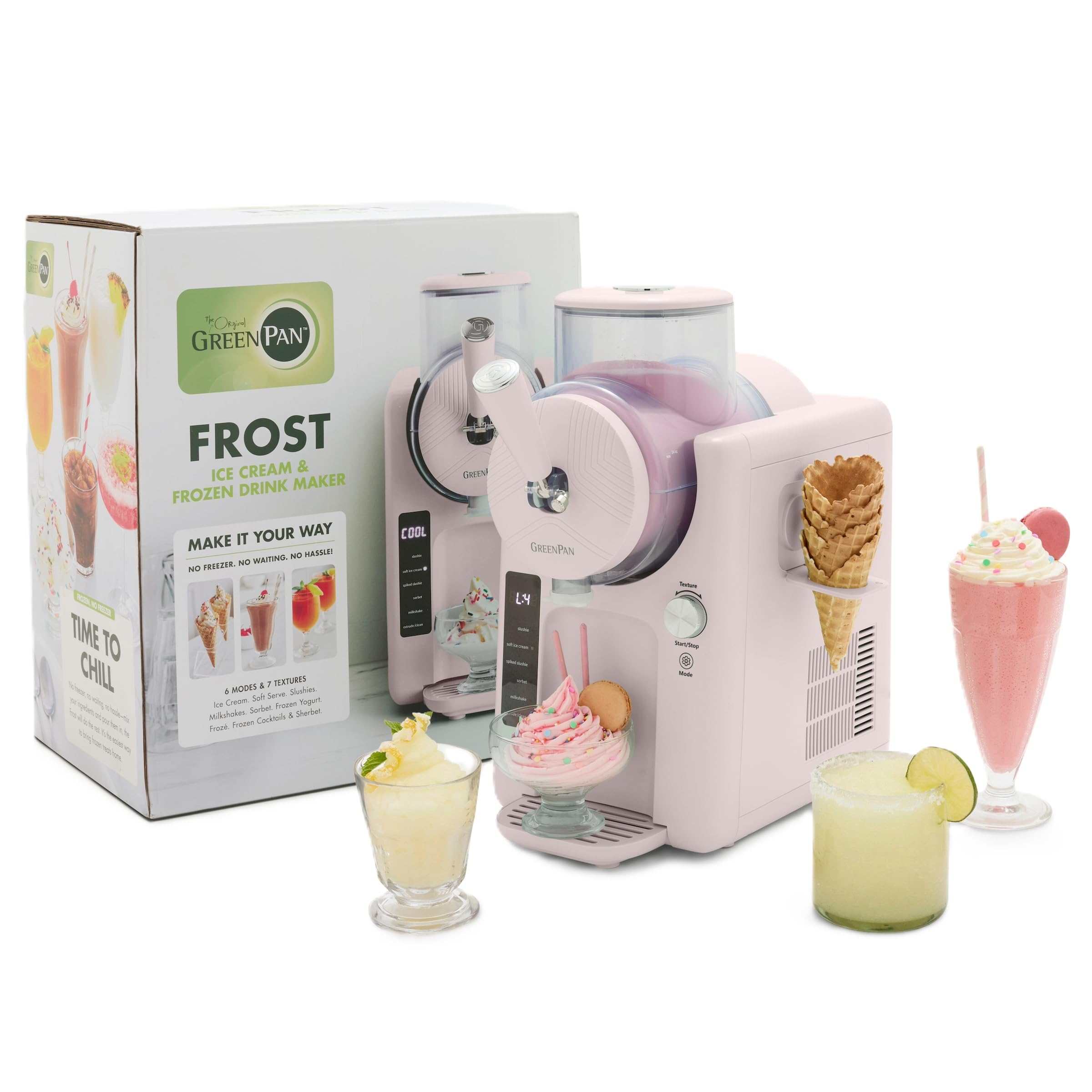 GreenPan Frost Ice Cream Machine & Frozen Drink Maker, Soft Serve, Slushie, Milkshakes & Cocktails, No Freezer Needed, 15-in-1, 7 Textures, Quiet & Rapid, Easy Clean, Family Size, Strawberry Pink