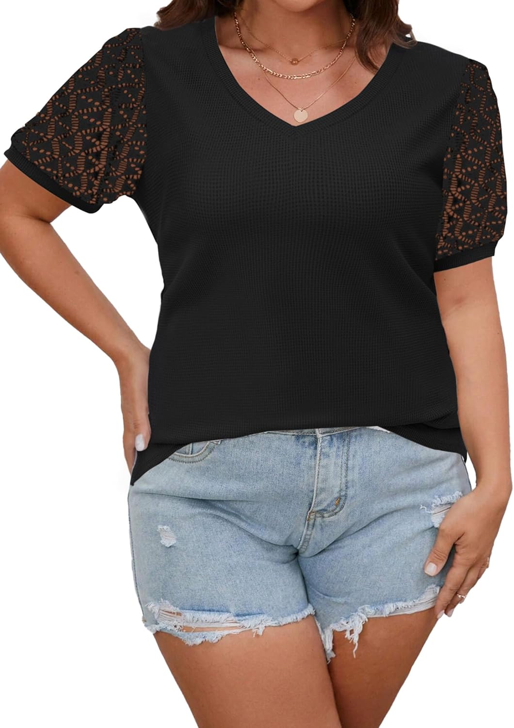 Plus Size Tops for Women, Waffle Knit Plus Size Summer Blouse, Lace Short Sleeve V Neck Tops, Women's Plus Size Shirts - Image 2