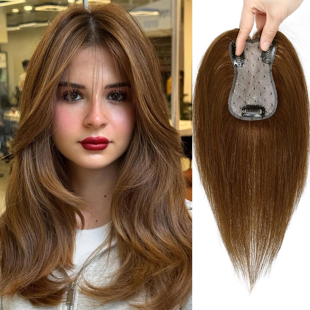 EROADE Hair Toppers for Women Real Human Hair, 360° 3D Toppers Hairpieces for Women (Medium Brown（7 * 11), Wispy Bangs