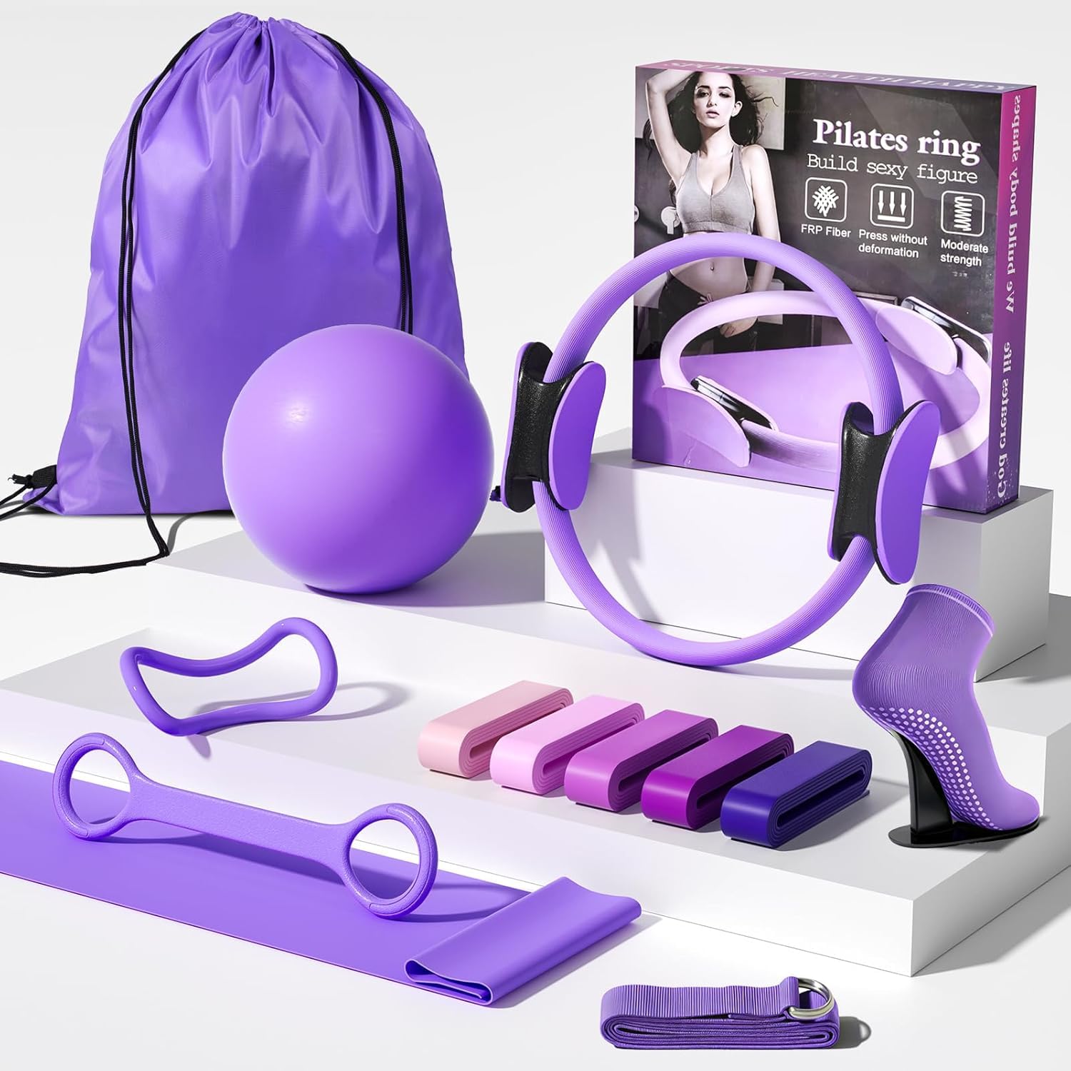Pilates Kit for Women, 13 Piece Pilates Set with 15" Pilates Ring, Ball, Resistance Bands and Stretch Strap, Home Pilates Essentials Kit and Yoga Set for Beginners, At Home Workout Equipment