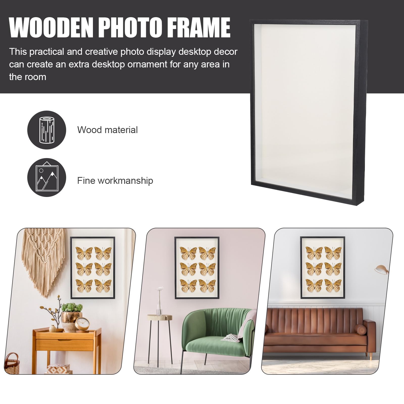 Marco de Fotos de Madera Negro con Base Estable para Decoración de Escritorio y Exhibición Creativa de Imágenes Hogar y Oficina