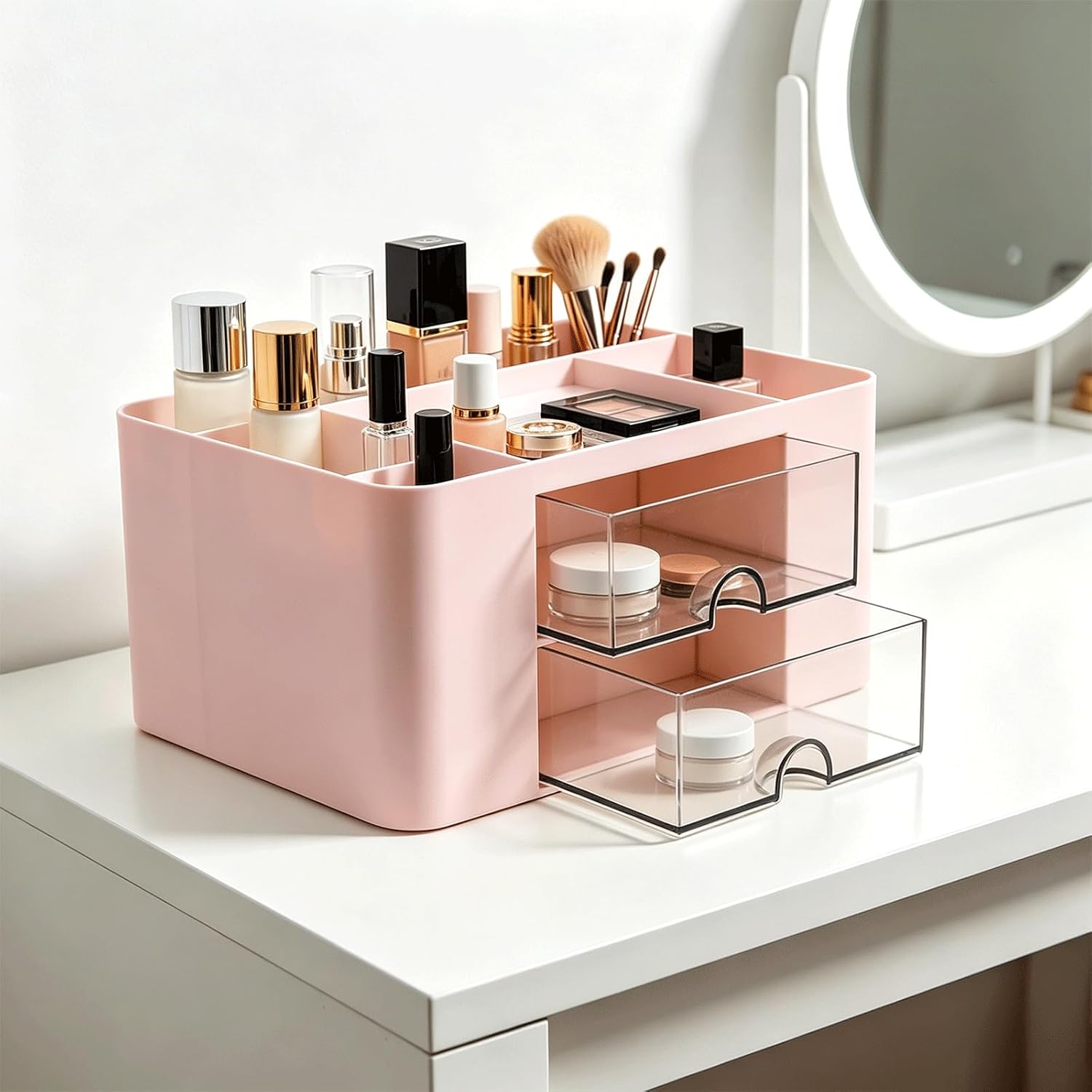2026 New Makeup Organizer Countertop, Cosmetic Display Case with Makeup Brush Holder, Vanity Organizer, Pink