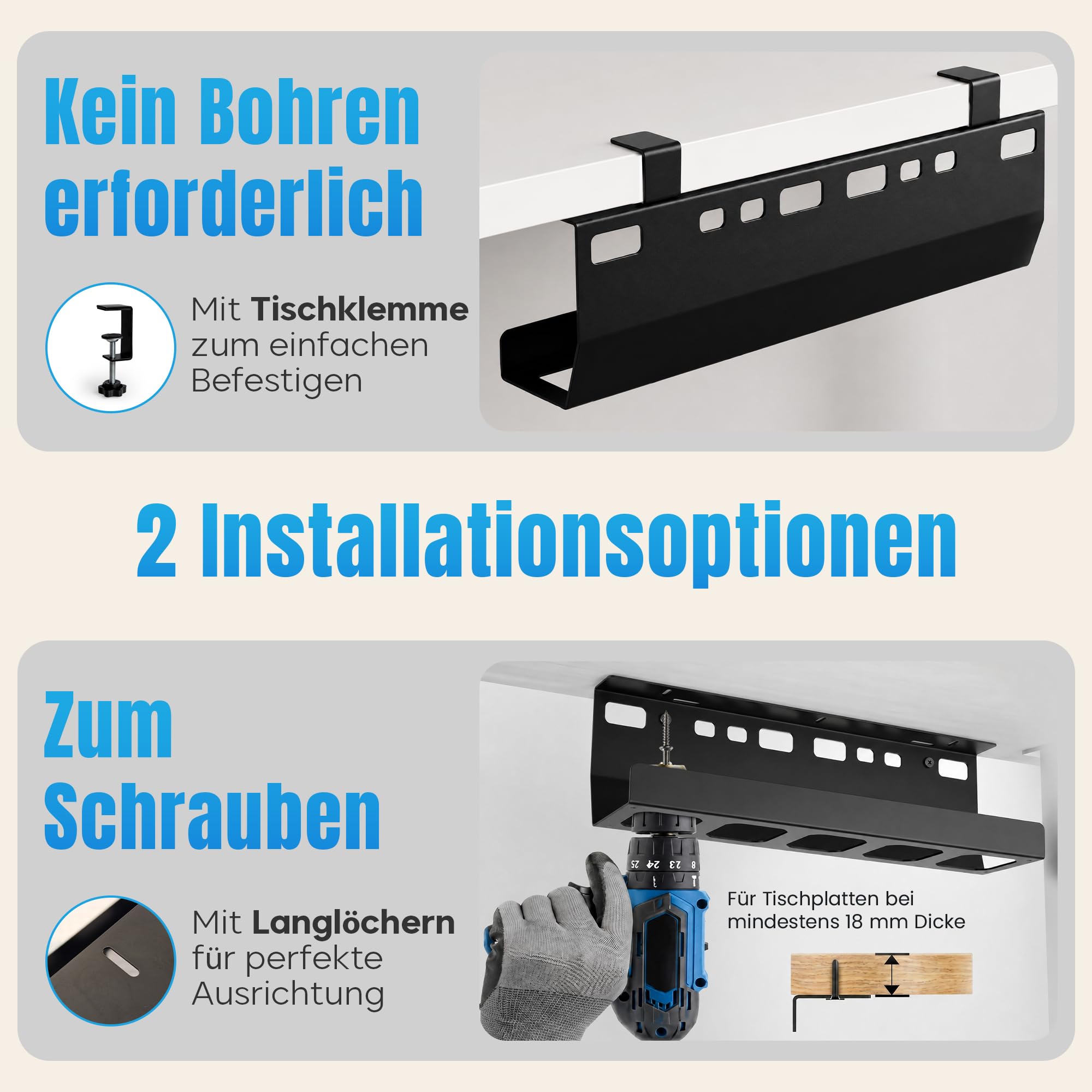 2GOODz Canaleta para cables extensible de 84 a 122 cm para escritorios | Sin taladrar, incluye Accesorios - extra ancho - acero aleado
