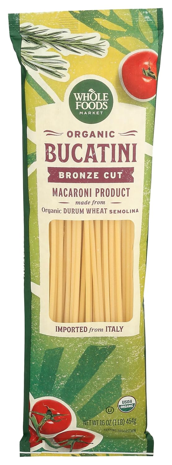 Whole Foods Market Organic Bucatini Pasta, 16 oz - Premium Italian Durum Semolina, Bronze Die-Cut Texture