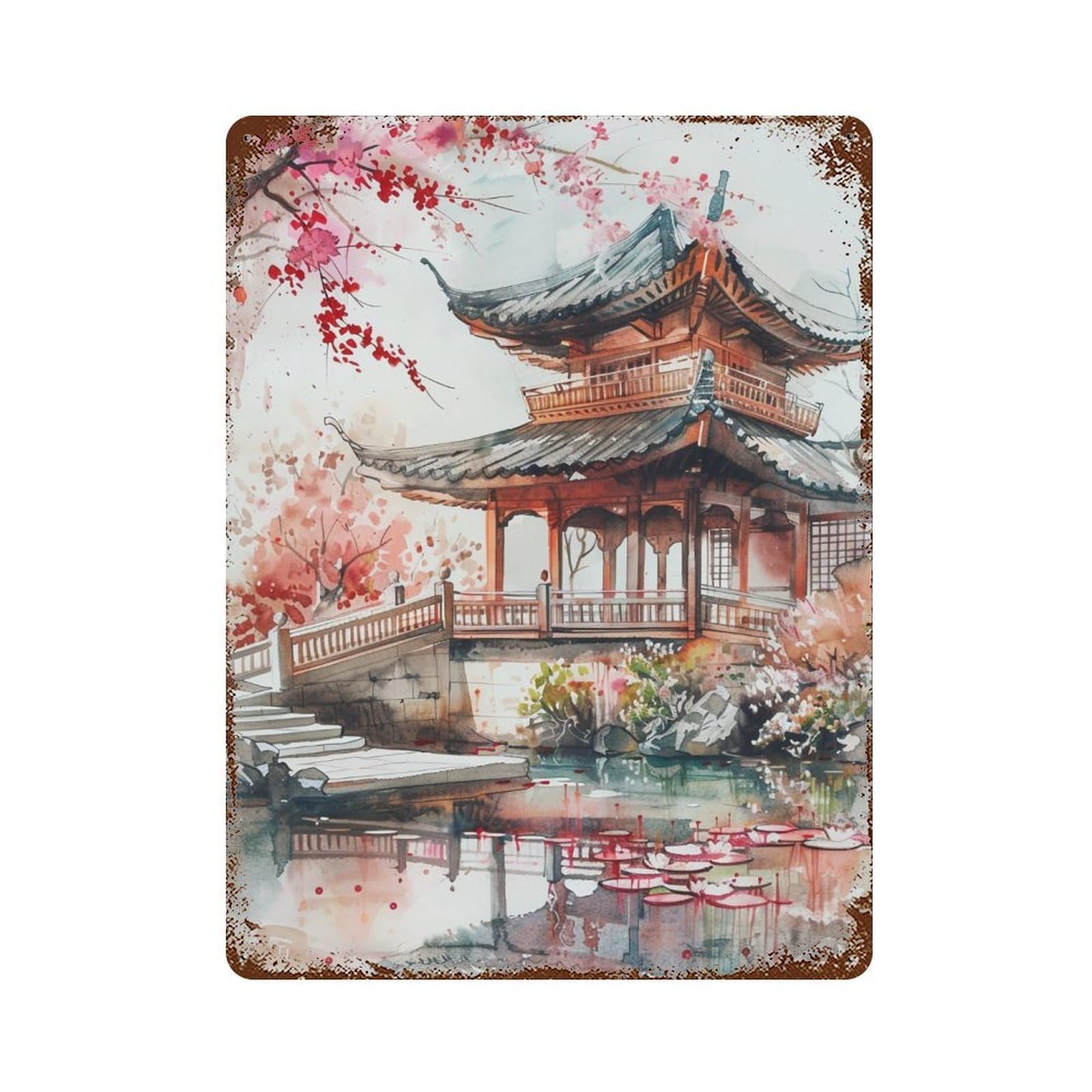 HDURYEYRYY Garden Pond Teahouse 02 Wall Retro Iron Vintage Art Metal Tin Sign Poster Modern Home Cofffee Club Art Bar Shop Decor Style 40x30cm