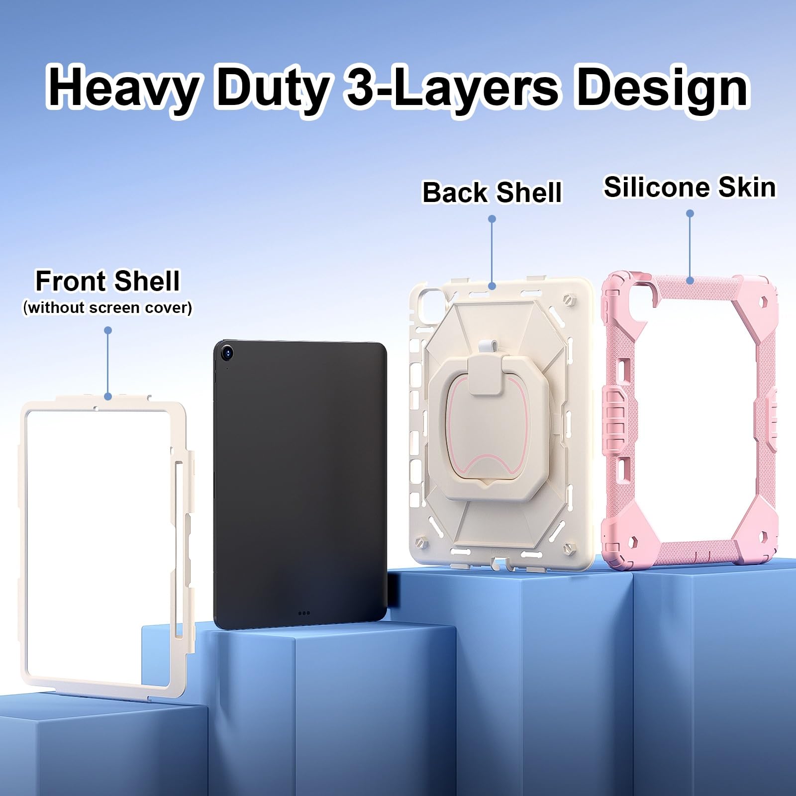 Stoßfeste Hülle for iPad Air 13 Zoll M4 M3 M2 (2026 2025 2024), robuste Schutzhülle mit drehbarem Ständer, klappbarem Griff, Schultergurt, Stifthalter(Rose Gold)