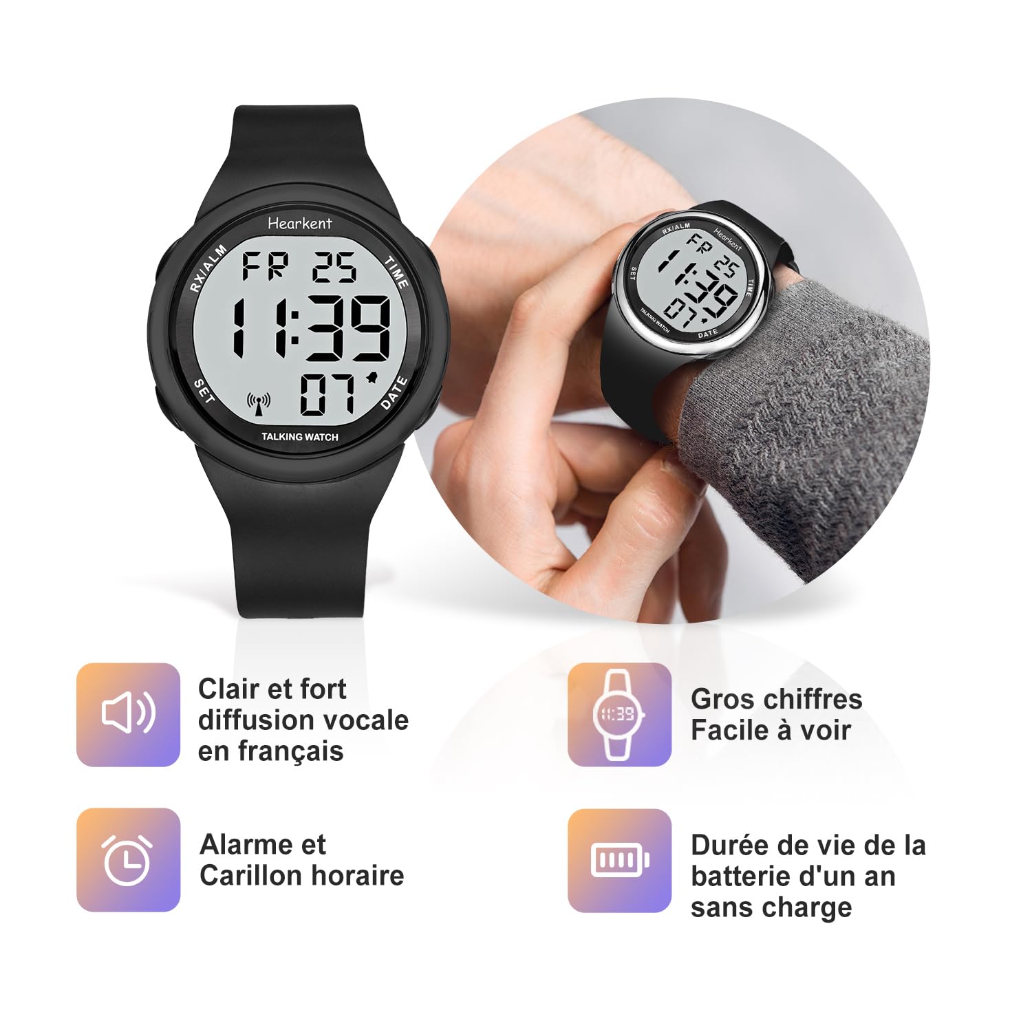 Hearkent Orologio parlante per non vedenti e anziani, orologio vocale francese per ciechi con grande schermo LCD