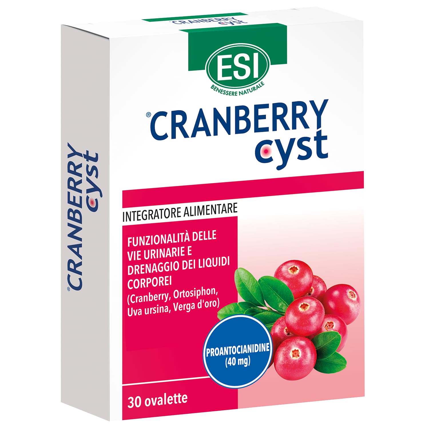 ESI - Cranberry Cyst, Integratore Alimentare con Uva Ursina, Utile per la Funzionalità delle Vie Urinarie e il Drenaggio dei Liquidi Corporei, Senza Glutine e Vegano, 30 Ovalette