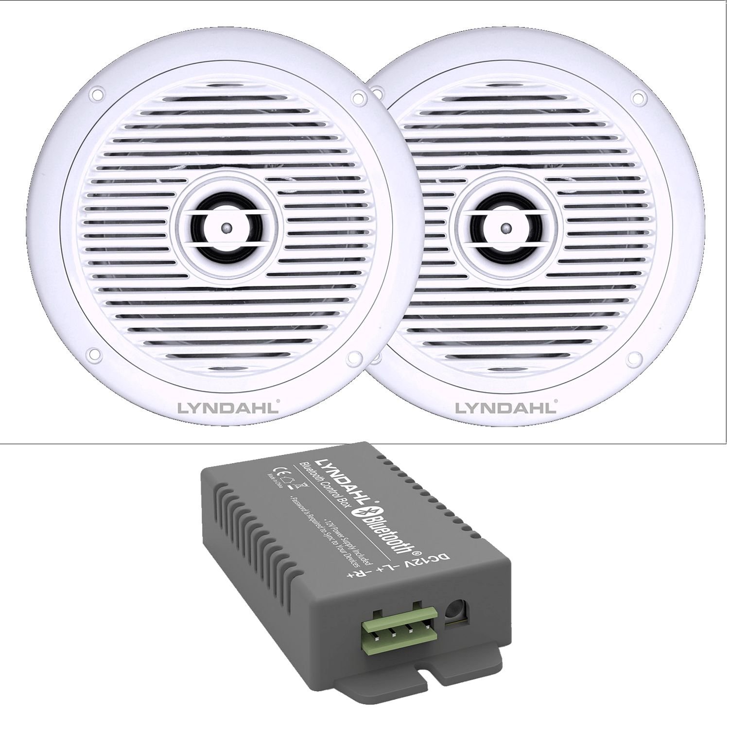 Lyndahl Zestaw głośników, wzmacniacz Bluetooth, 4-kanałowy CS200BT-AMP i 2-drożny głośnik do zabudowy CS180IP 2 lub 4 głośniki sufitowe do wilgotnych pomieszczeń, łazienki z 2 głośnikami