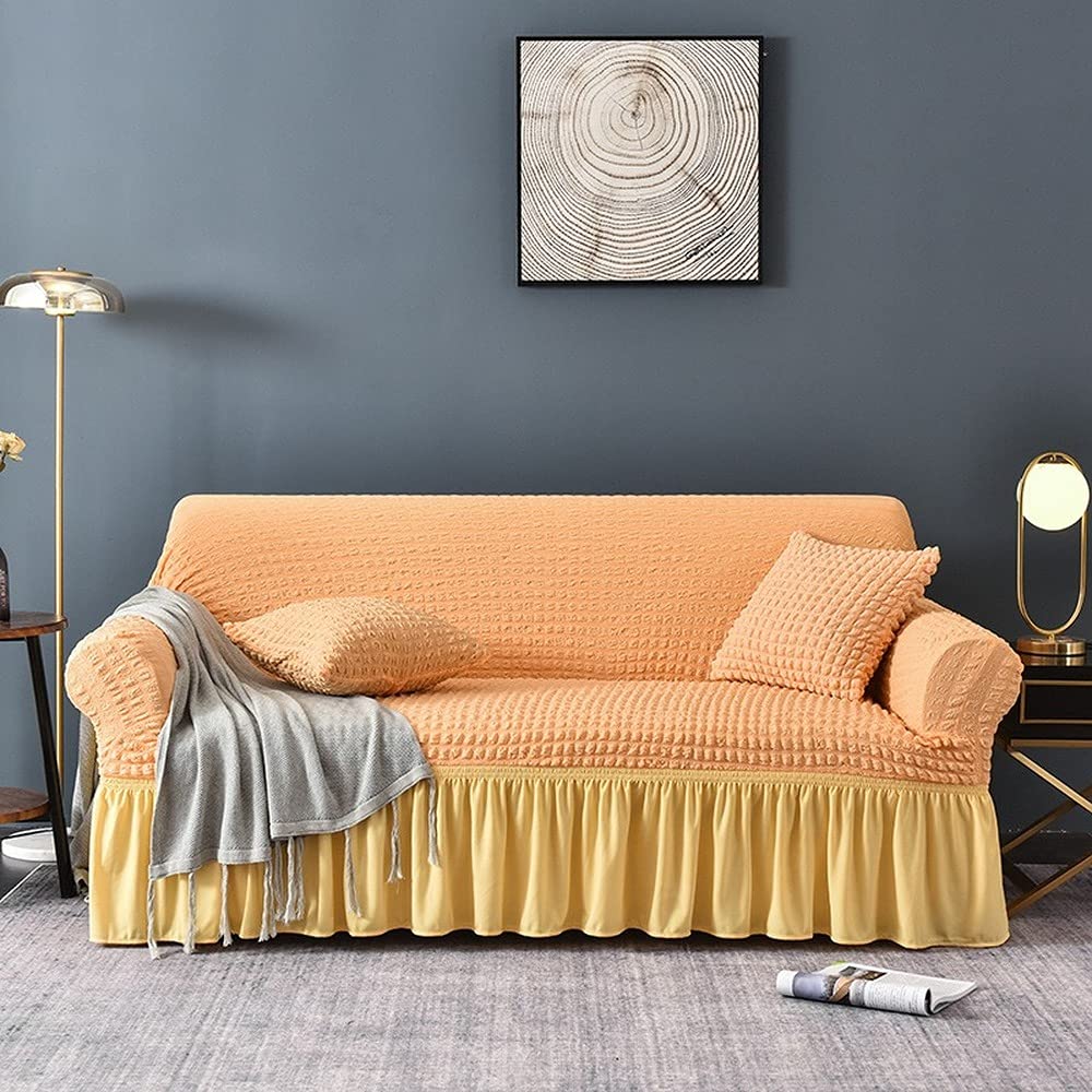 Housse canapé jupe seersucker extensible 2 places orange clair magique