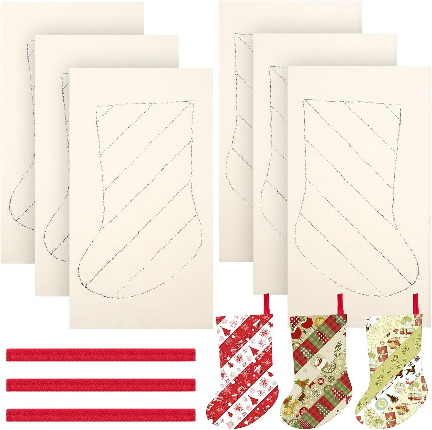 3 Pair Christmas Stocking Sewing Patterns with Printed Batting and Ropes