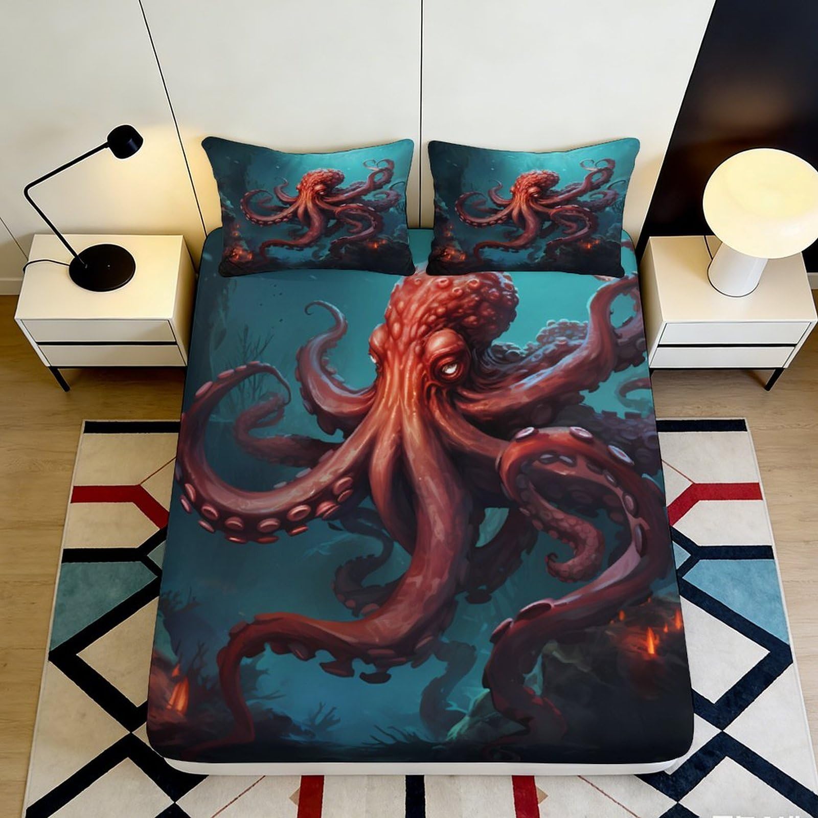3D Printed Octopus Ocean Fitted Sheet Microfiber Soft Mattress Cover for Bedroom Guest Room Decor 120x200cm 90x200x25cm