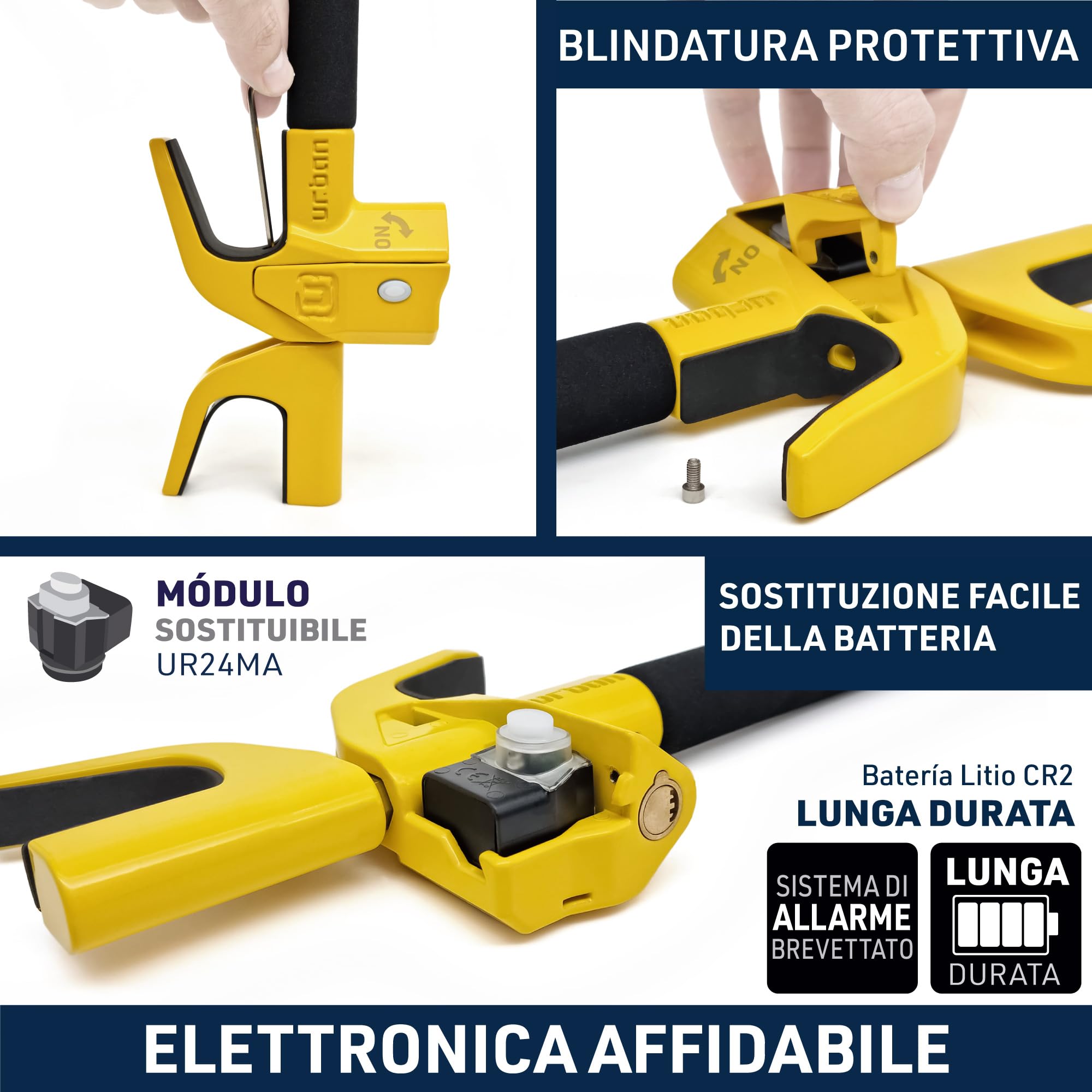 URBAN UR978Y Antifurto Auto Doppia Sicurezza Blocca Sterzo 120dB LED Bloccaggio Automatico Blocco Volante Meccanico Universale