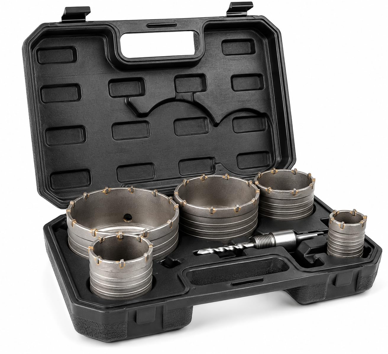 Zestaw Otwornic do Betonu i Muru 7 el 40 65 80 100 125 mm, Koronki Widiowe SDS Plus z Adapterem i Wiertłem Prowadzącym do Puszek Elektrycznych, Cegły, Kamienia, Betonu Komórkowego